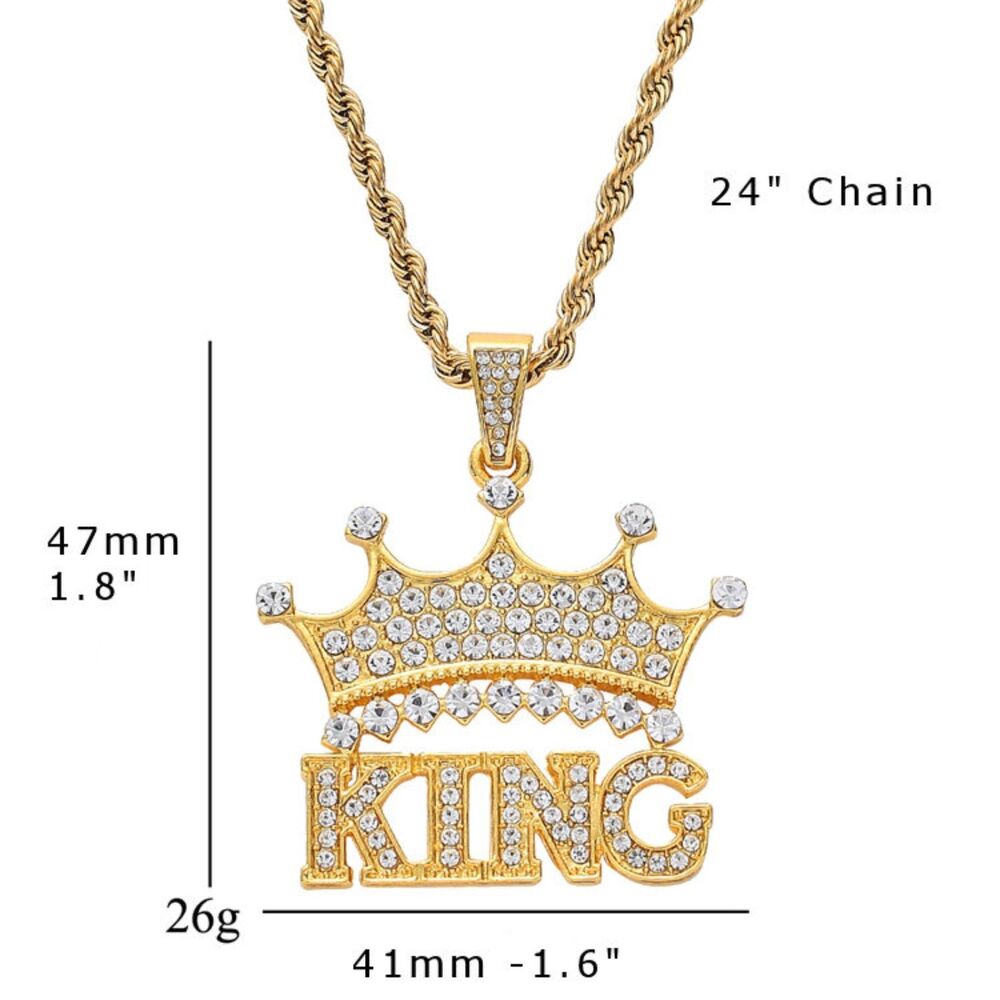 14k Gold Plated Stainless Steel CZ King Crown Pendant with Rope Chain Hip Hop